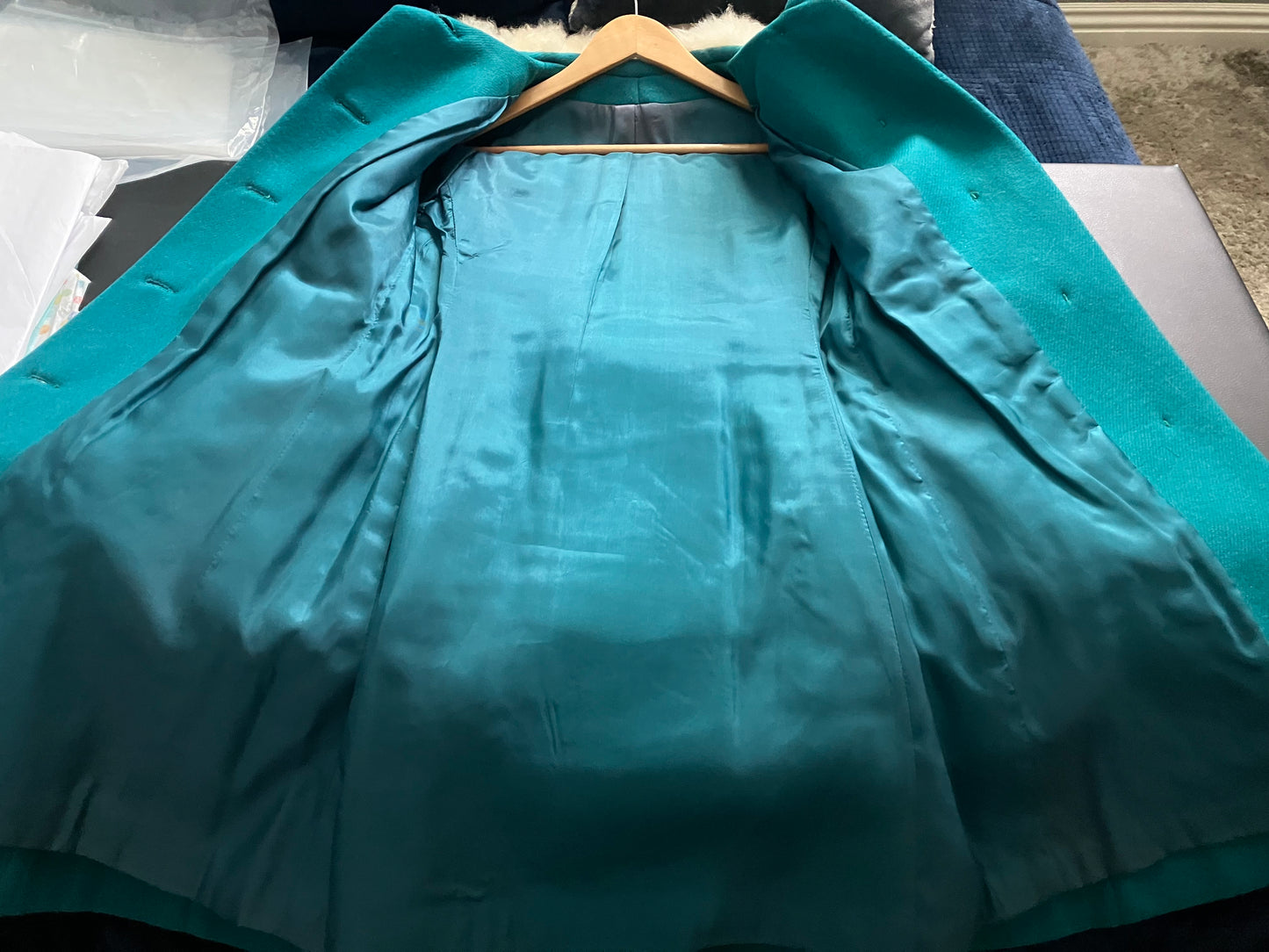 60's Vintage Teal Blue Green White Fur Collar Mod Peacoat Coat Jacket