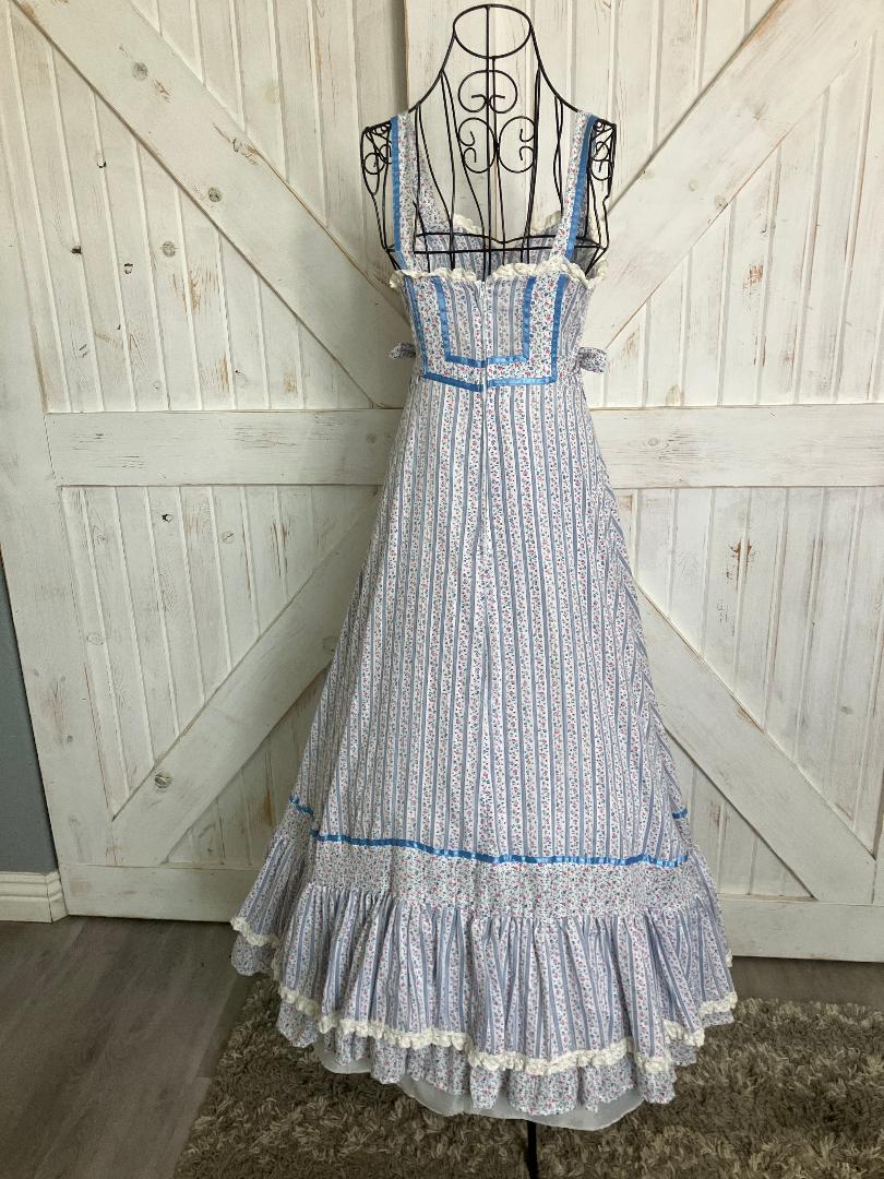 70's Vintage Handmade Gunne Sax STYLE from Simplicity Pattern Blue White Pink Stripe Calico Sweetheart Prairie Maxi Sundress Dress