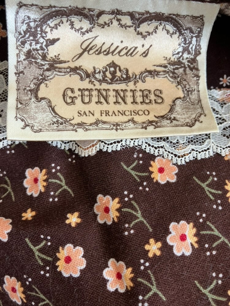 70's Vintage Gunne Sax Jessica's Gunnies Brown White Yellow Calico Velvet Prairie Maxi Skirt *HEMMED