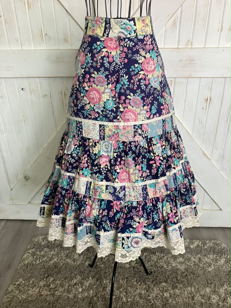 70's Vintage Blue Pink Fruit Berry Cherries Rose Calico Floral Gunne Sax STYLE Prairie Midi Skirt