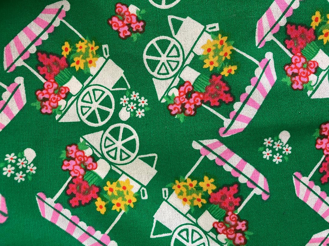 70's Vintage Malia Honolulu Green Pink White Flower Cart Novelty Print Hawaiian Midi Sundress Dress
