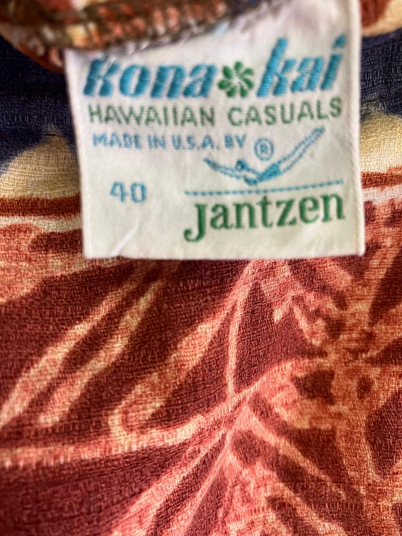 MENS 60's Vintage Kona Kai Hawaiian Casuals Jantzen Brown White Blue Batik Swim Trunks Shorts