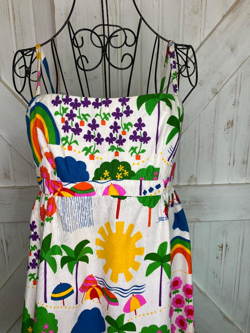 70's Vintage Malia Honolulu Rainbow Train Beach Sun Palm Tree Novelty Print Hawaiian Mini Sundress Dress