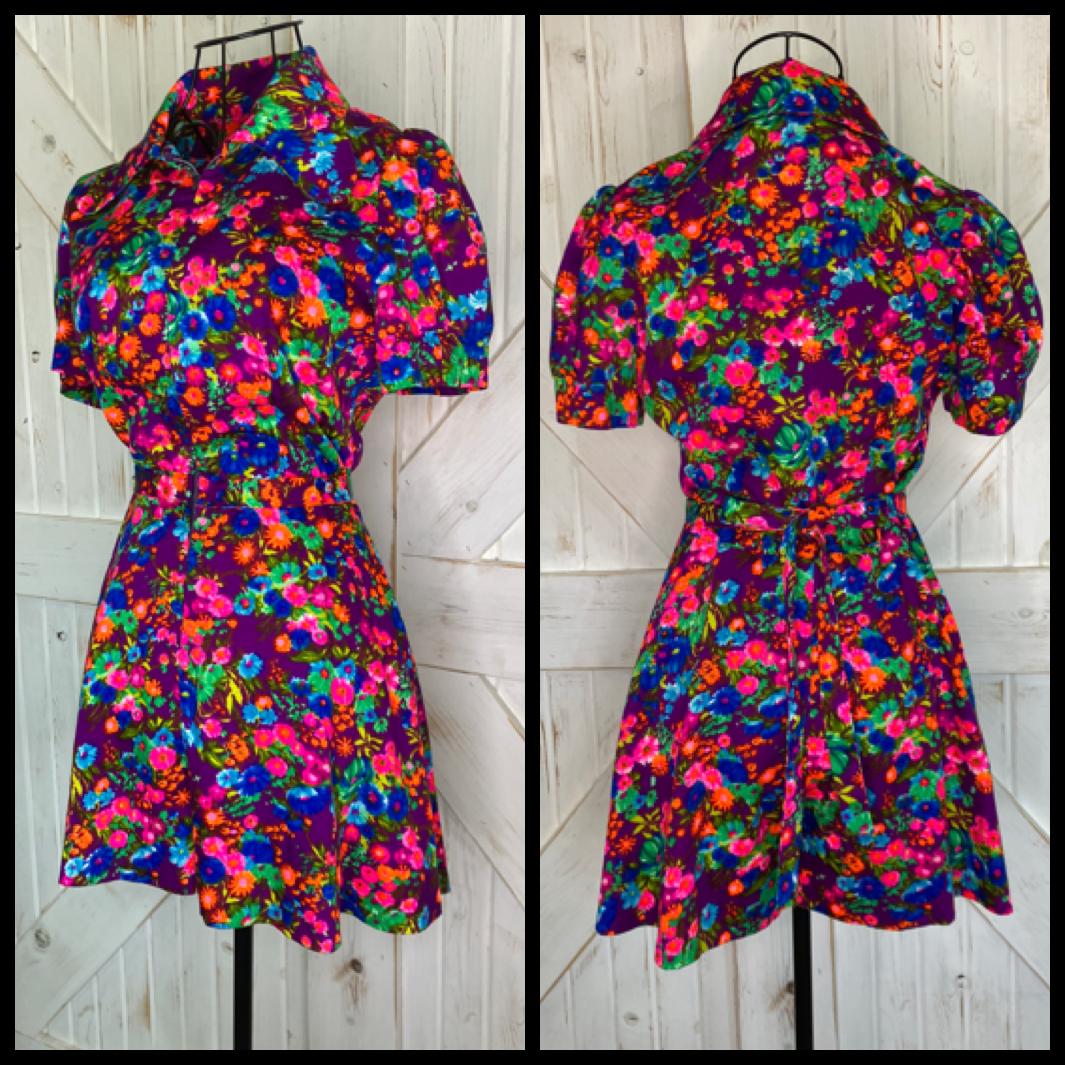 70's Vintage Handmade Pink Purple Blue Green Hawaiian Psychedelic Mini Romper Jumper Playsuit