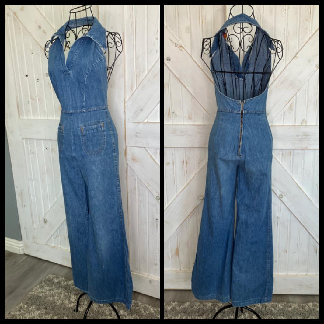 70's Vintage Landlubber Blue Jean Denim Halter Cowgirl Western Jumpsuit