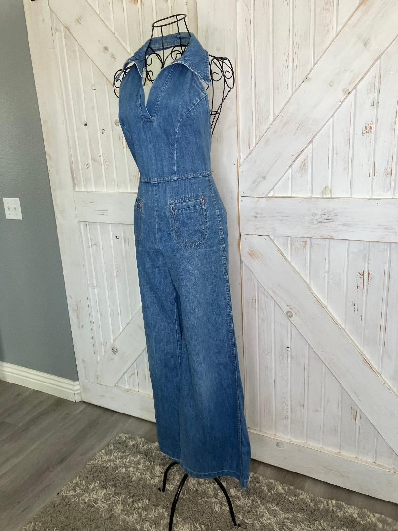 70's Vintage Landlubber Blue Jean Denim Halter Cowgirl Western Jumpsuit