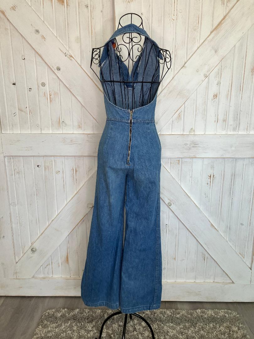 70's Vintage Landlubber Blue Jean Denim Halter Cowgirl Western Jumpsuit
