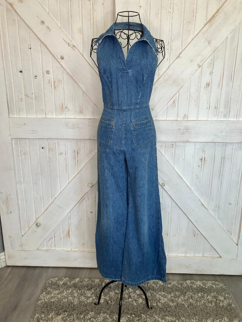 70's Vintage Landlubber Blue Jean Denim Halter Cowgirl Western Jumpsuit