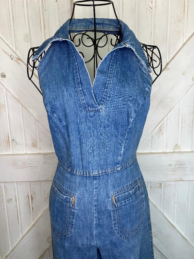 70's Vintage Landlubber Blue Jean Denim Halter Cowgirl Western Jumpsuit