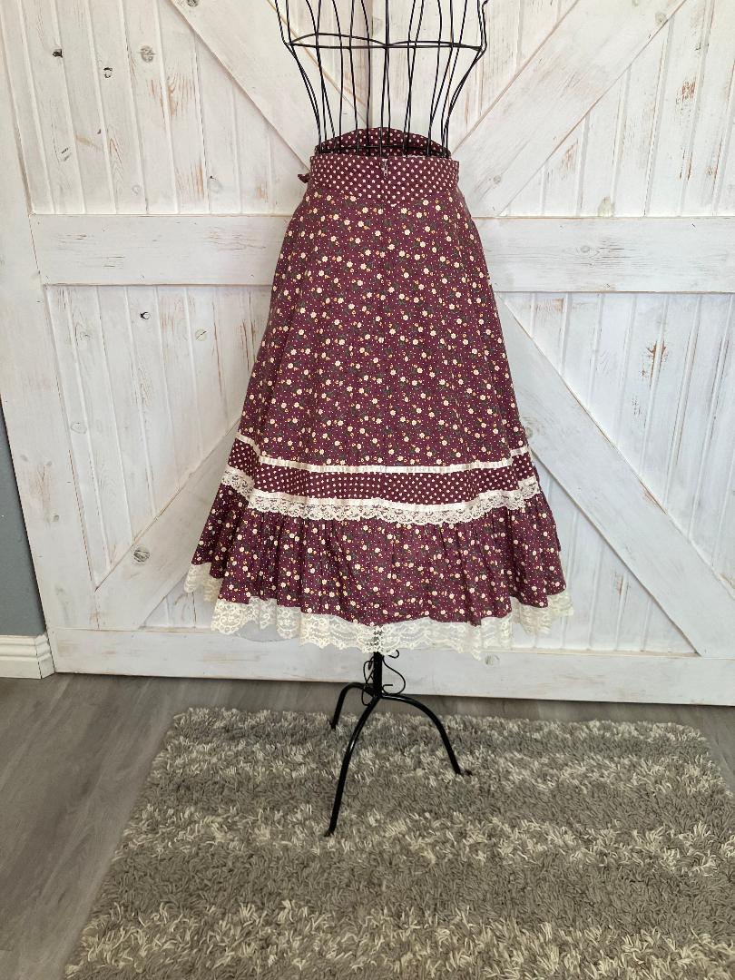 70's Vintage Gunne Sax Jessica's Gunnies Purple Mauve White Yellow Green Daisy Calico Prairie Midi Skirt 7