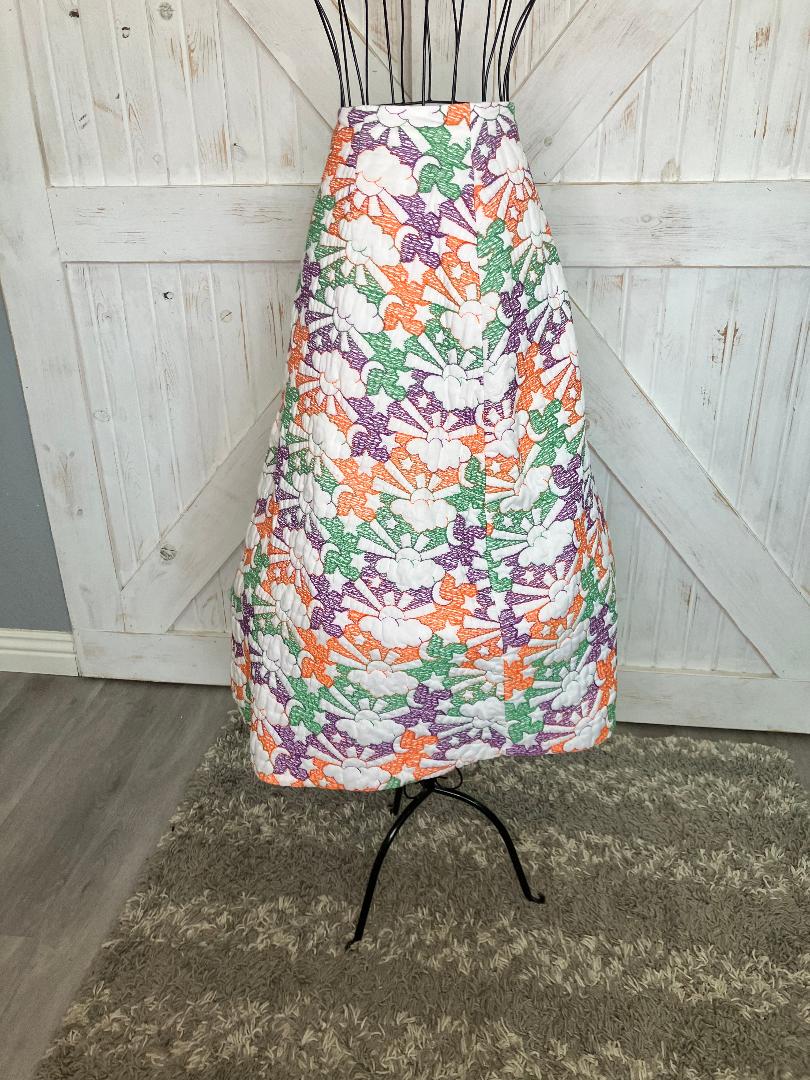 60's Vintage Handmade Embroidered Quilted White Purple Green Orange Hippie Sun Moon Cloud Stars Novelty Print Midi Skirt