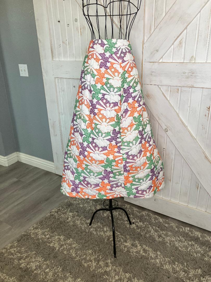 60's Vintage Handmade Embroidered Quilted White Purple Green Orange Hippie Sun Moon Cloud Stars Novelty Print Midi Skirt