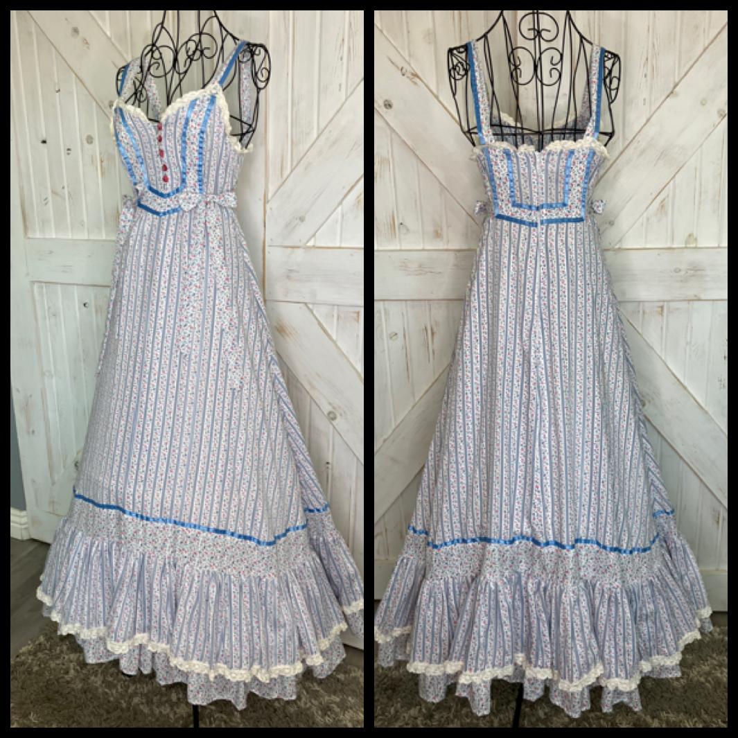 70's Vintage Handmade Gunne Sax STYLE from Pattern Prairie Sweetheart Blue White Stripe Calico Sundress Maxi Dress