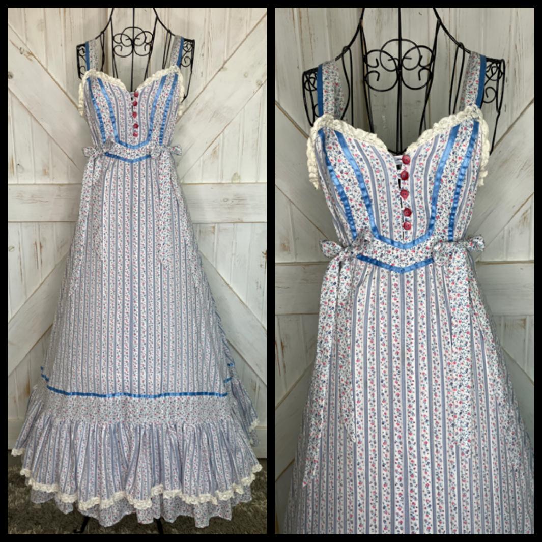 70's Vintage Handmade Gunne Sax STYLE from Pattern Prairie Sweetheart Blue White Stripe Calico Sundress Maxi Dress