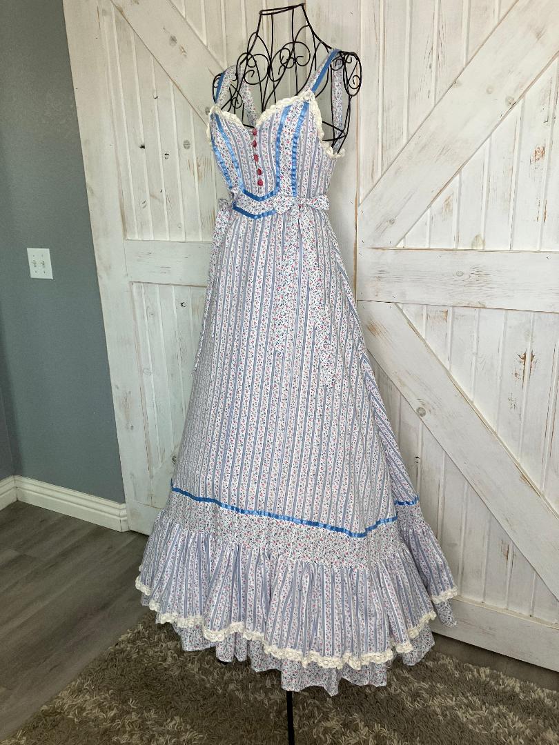 70's Vintage Handmade Gunne Sax STYLE from Pattern Prairie Sweetheart Blue White Stripe Calico Sundress Maxi Dress