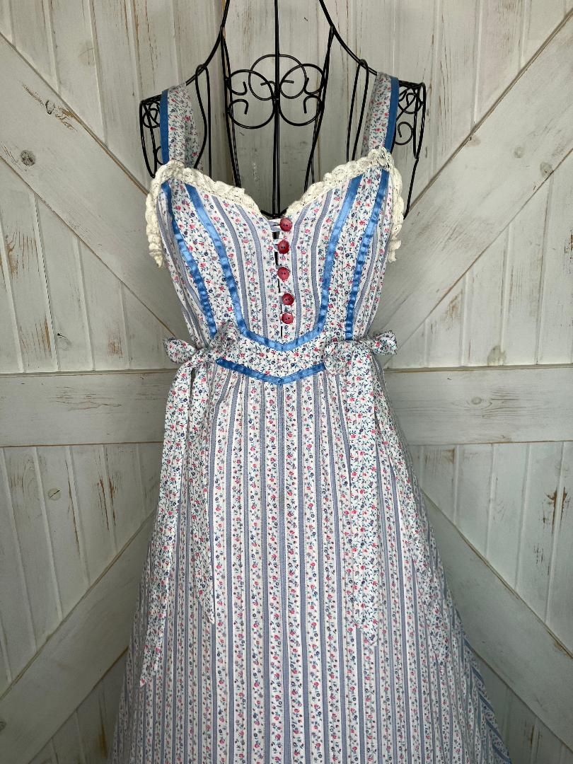 70's Vintage Handmade Gunne Sax STYLE from Pattern Prairie Sweetheart Blue White Stripe Calico Sundress Maxi Dress