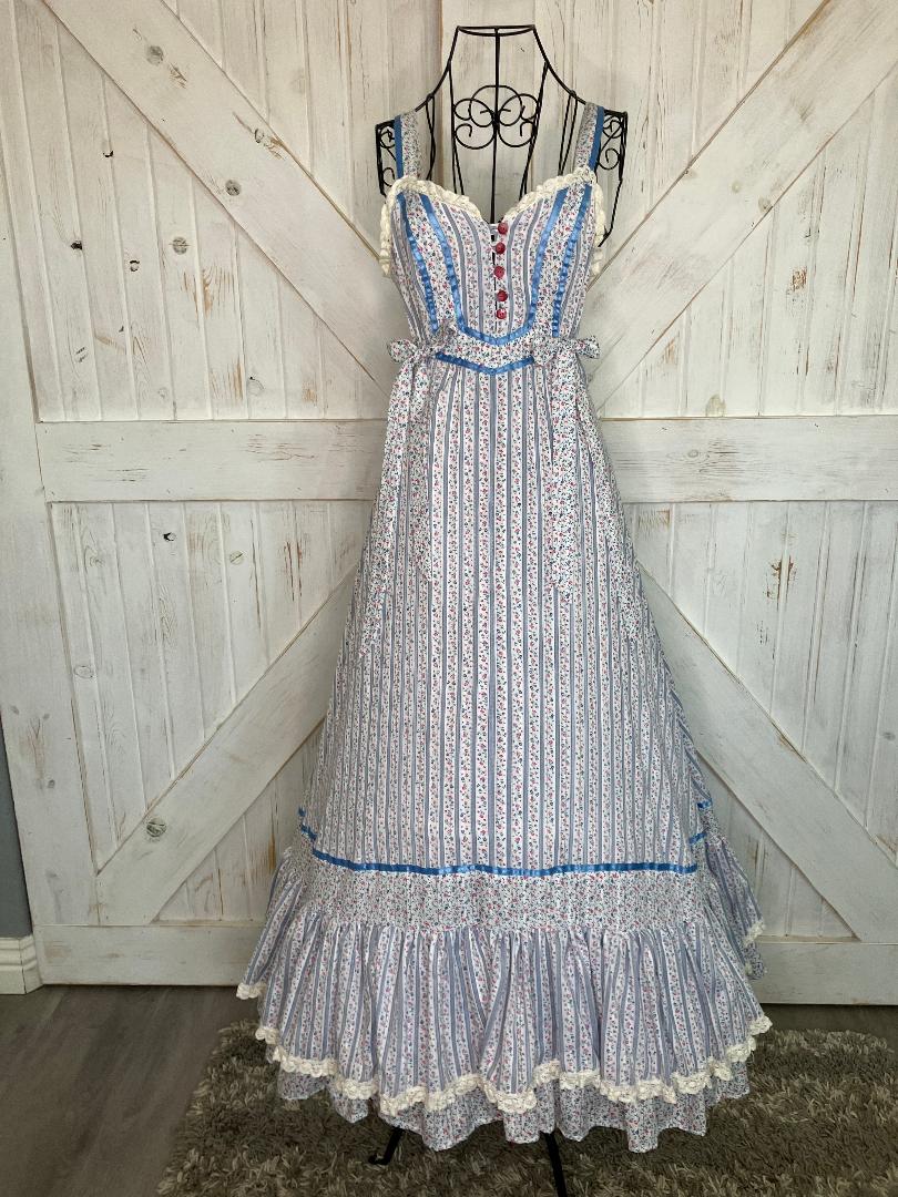 70's Vintage Handmade Gunne Sax STYLE from Pattern Prairie Sweetheart Blue White Stripe Calico Sundress Maxi Dress