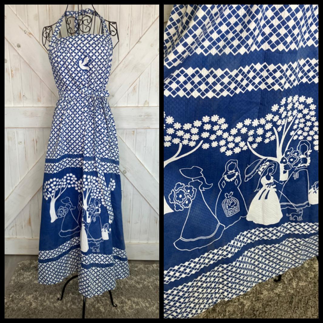 70's Vintage Malia Honolulu Blue White Prairie Girl Peace Dove Halter Hawaiian Sundress Maxi Dress *Flaws