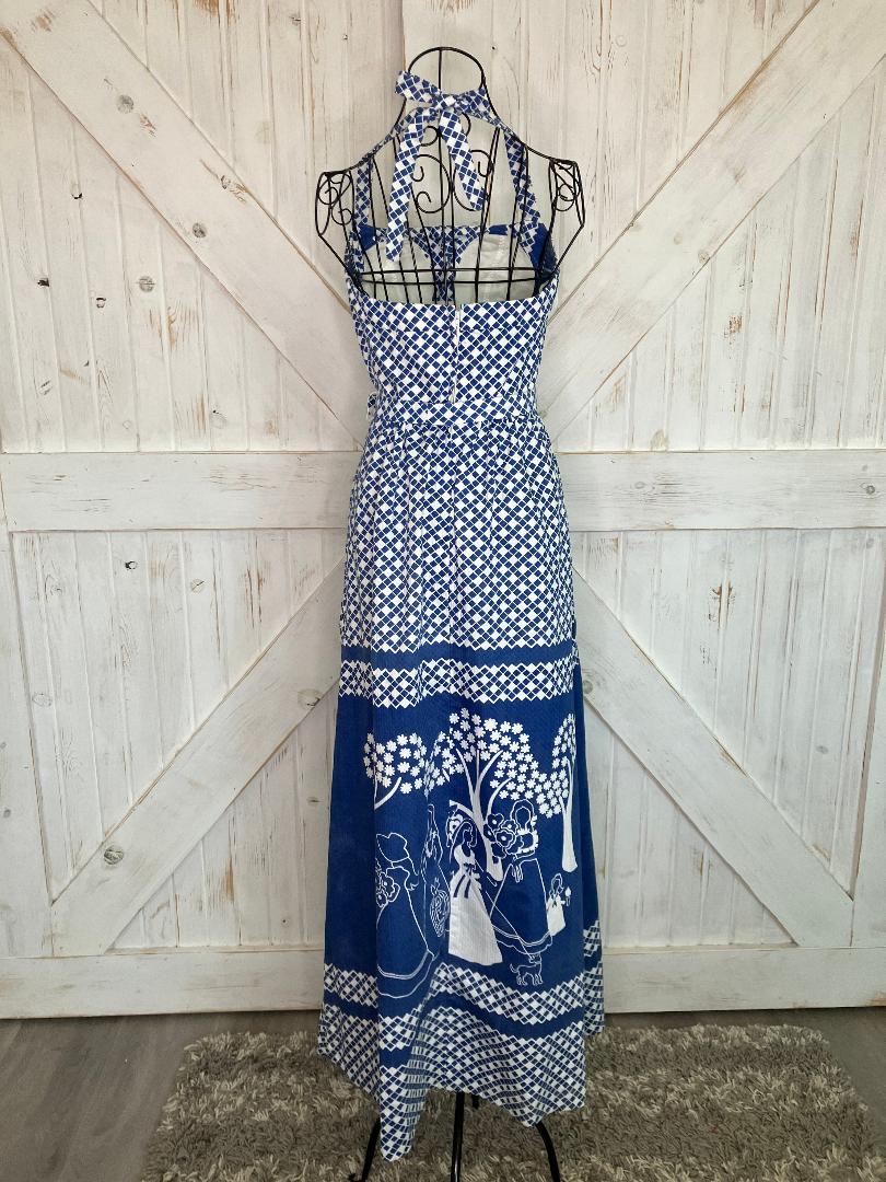 70's Vintage Malia Honolulu Blue White Prairie Girl Peace Dove Halter Hawaiian Sundress Maxi Dress *Flaws