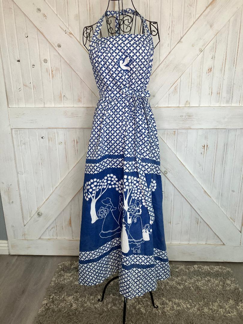 70's Vintage Malia Honolulu Blue White Prairie Girl Peace Dove Halter Hawaiian Sundress Maxi Dress *Flaws