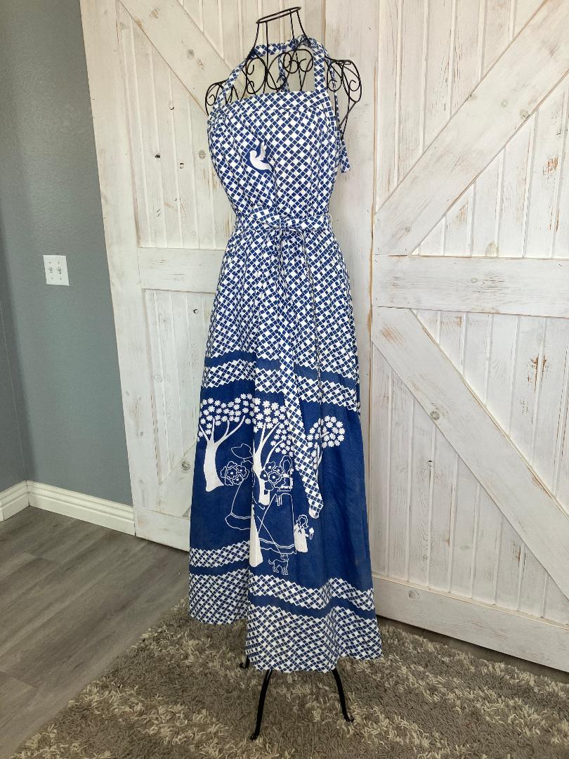 70's Vintage Malia Honolulu Blue White Prairie Girl Peace Dove Halter Hawaiian Sundress Maxi Dress *Flaws