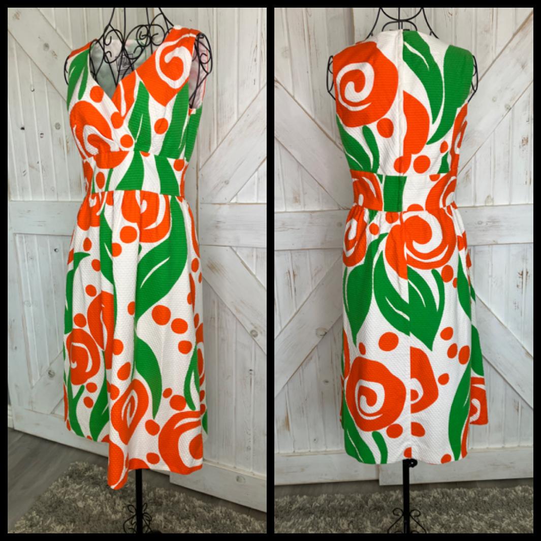 70's Vintage Malia Honolulu Orange White Green Atomic Hawaiian Sundress Midi Dress
