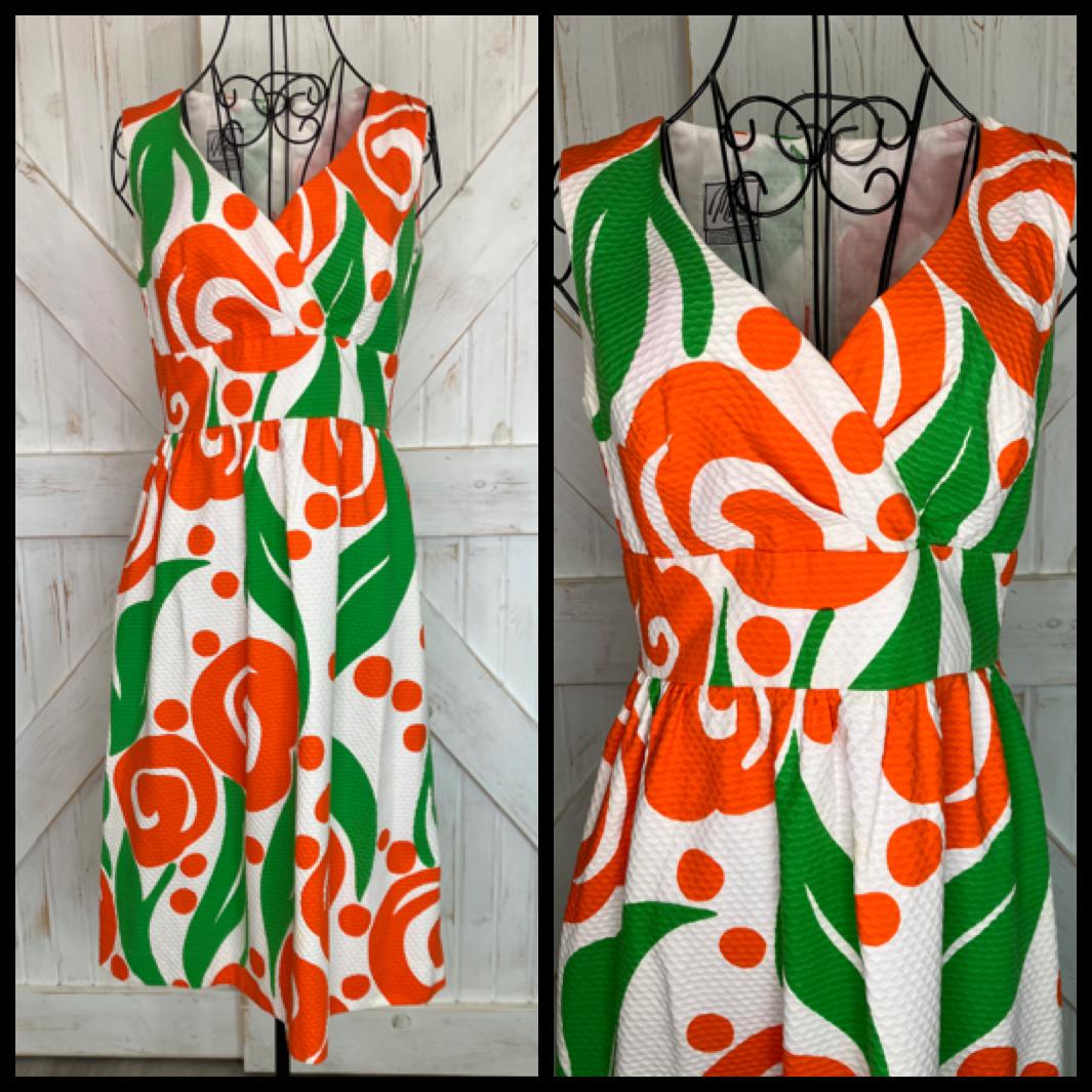 70's Vintage Malia Honolulu Orange White Green Atomic Hawaiian Sundress Midi Dress