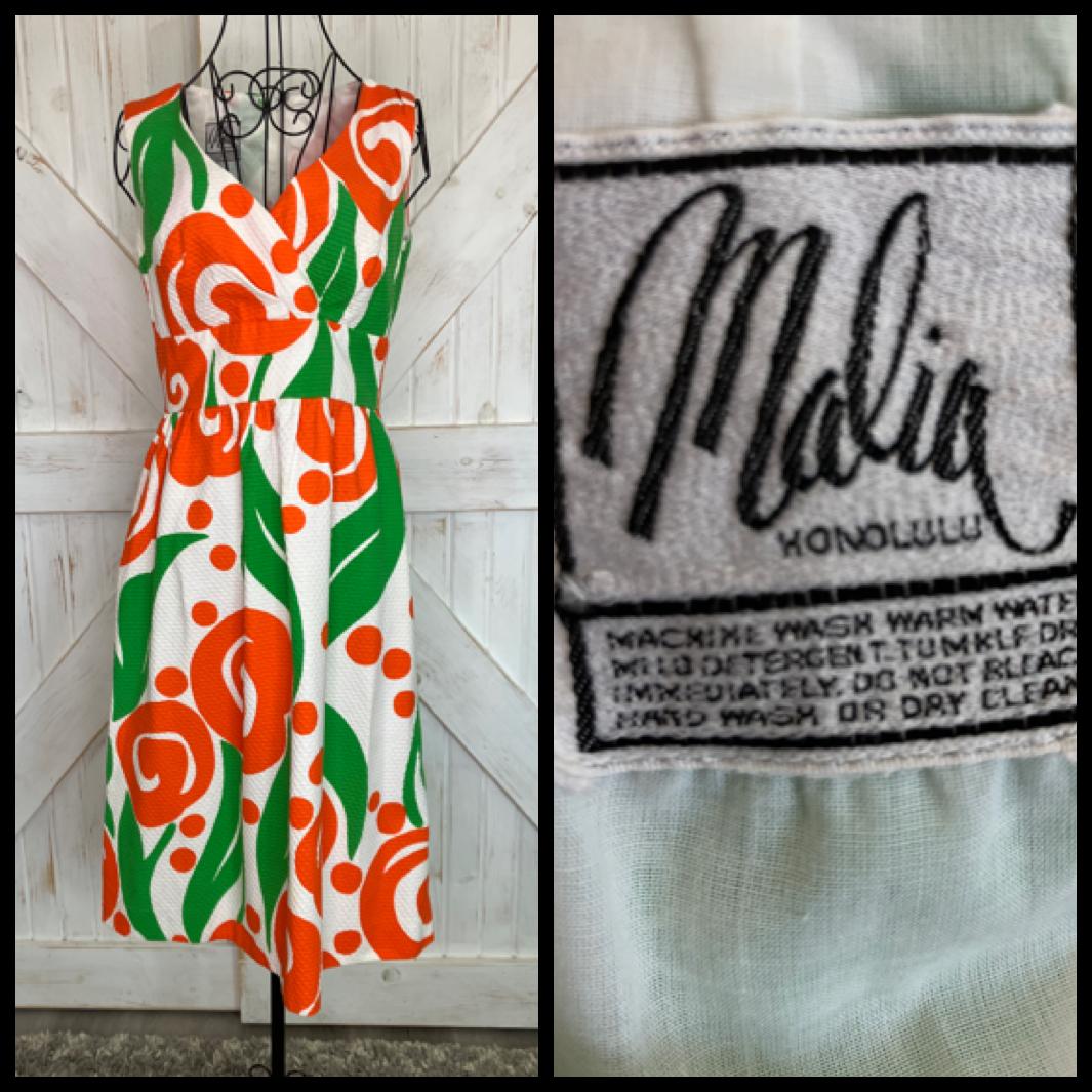 70's Vintage Malia Honolulu Orange White Green Atomic Hawaiian Sundress Midi Dress