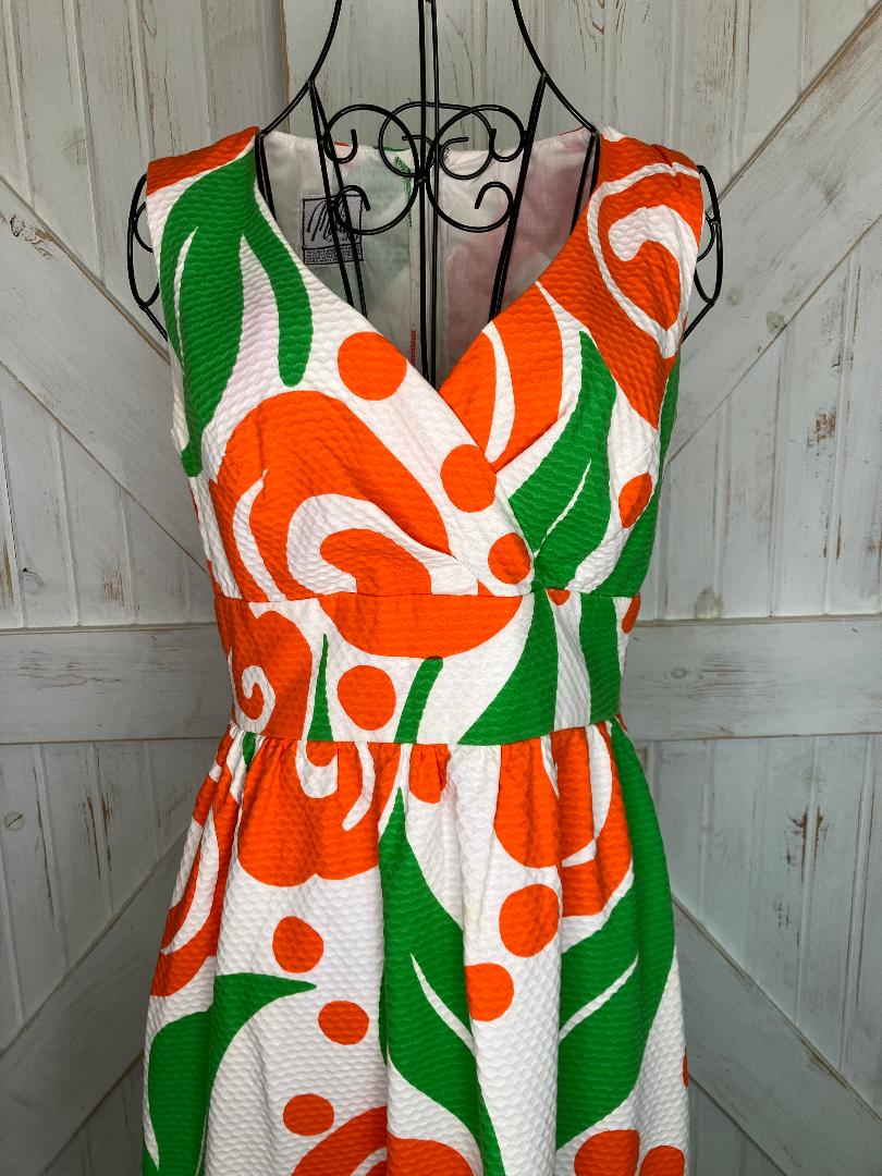 70's Vintage Malia Honolulu Orange White Green Atomic Hawaiian Sundress Midi Dress