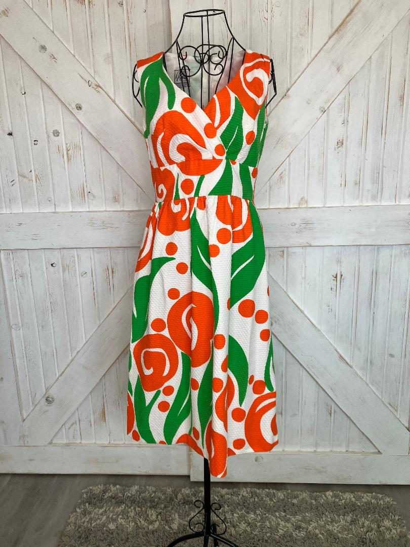 70's Vintage Malia Honolulu Orange White Green Atomic Hawaiian Sundress Midi Dress