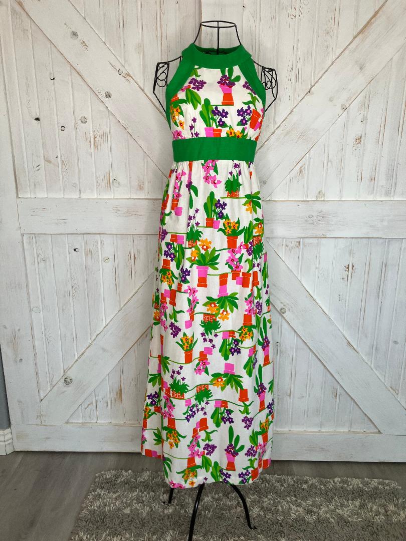 70's Vintage Malia Honolulu Flower Pot Green Pink Rainbow Hawaiian Hostess Halter Maxi Sundress Dress