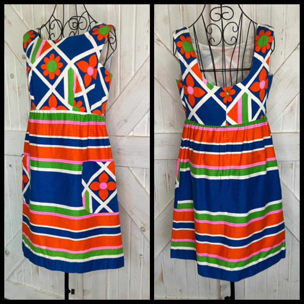 70's Vintage Malia Honolulu Blue Neon Green Orange Flower Power Hawaiian Stripe Sundress Mini Dress