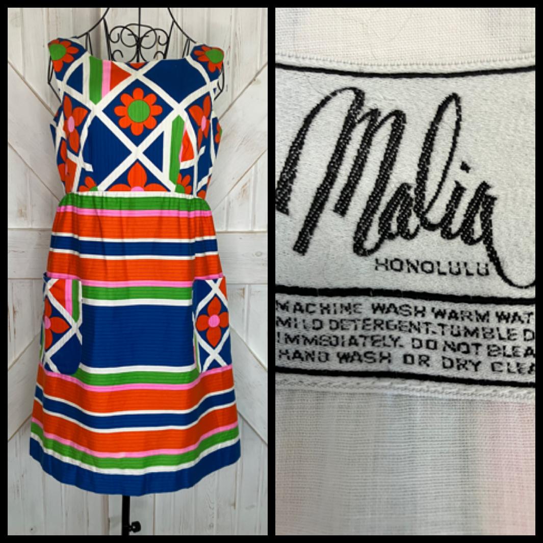 70's Vintage Malia Honolulu Blue Neon Green Orange Flower Power Hawaiian Stripe Sundress Mini Dress