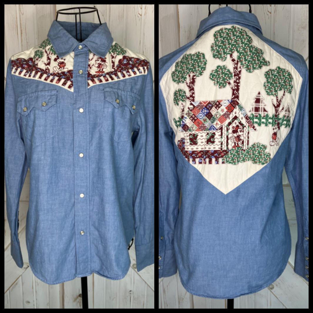 Y2K Vintage Beams Boy Japan x Walt Disney Chambray Denim Western Patchwork Mickey Minnie Mouse Pearl Snap Blouse Top