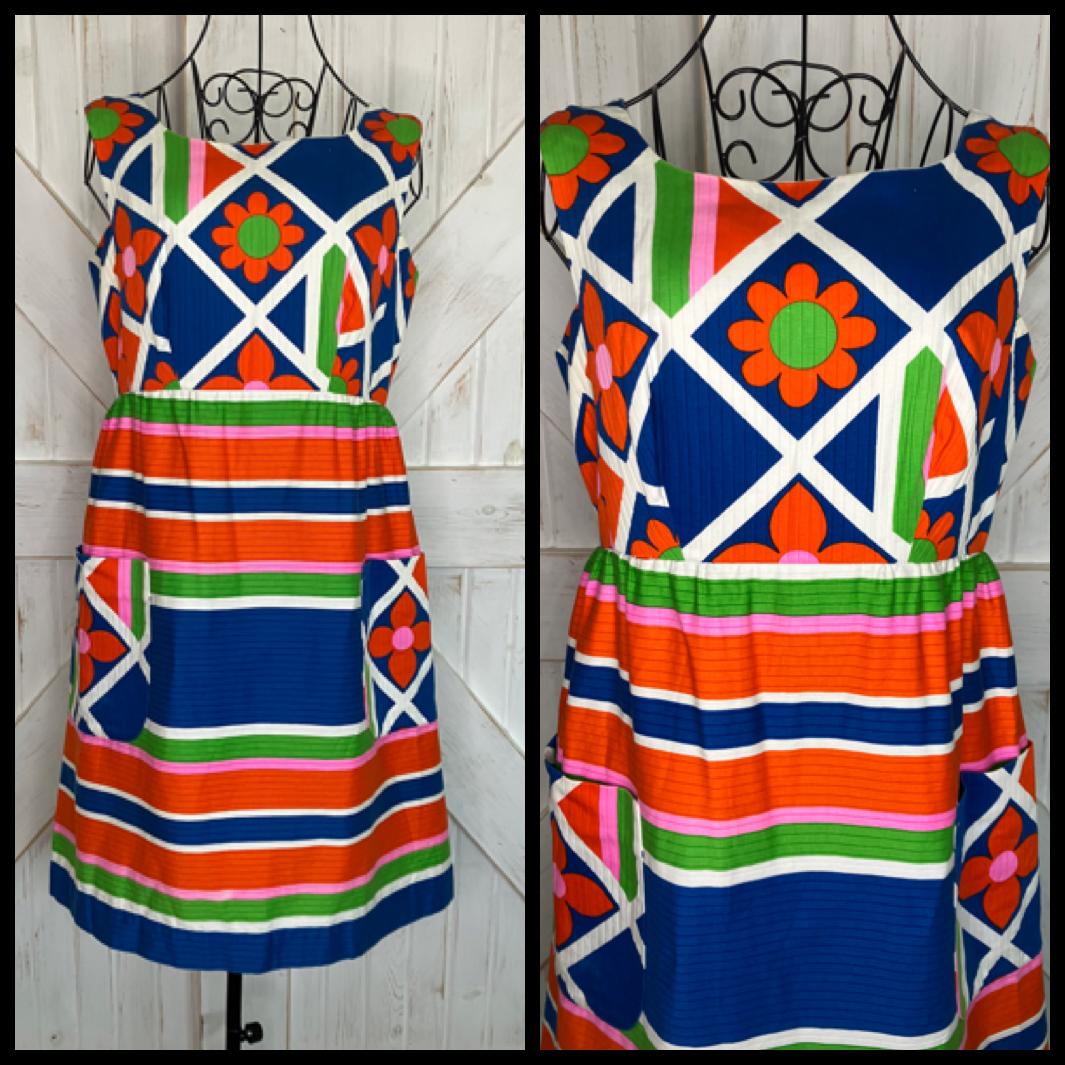 70's Vintage Malia Honolulu Blue Neon Green Orange Flower Power Hawaiian Stripe Sundress Mini Dress