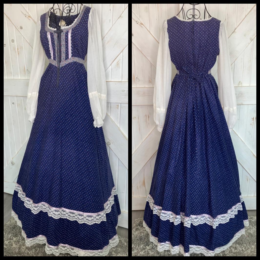 70's Vintage Gunne Sax Blue Pink Calico White Peasant Sleeve Prairie Maxi Dress 9 *FLAWS