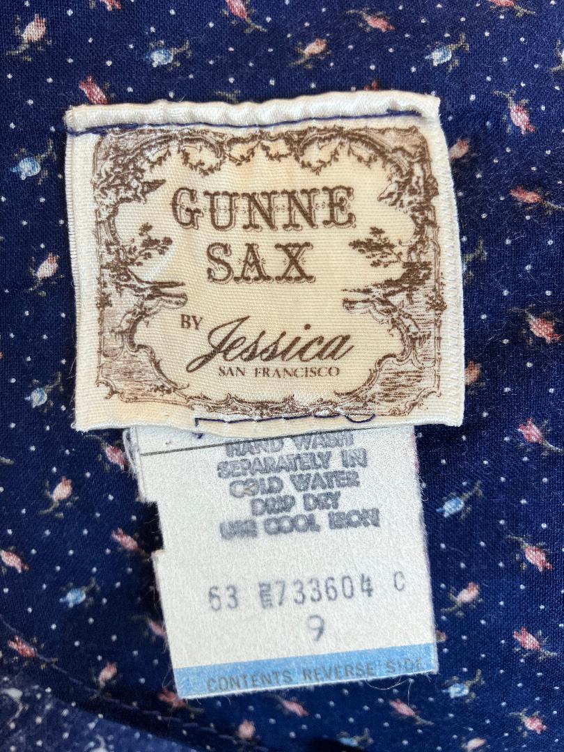 70's Vintage Gunne Sax Blue Pink Calico White Peasant Sleeve Prairie Maxi Dress 9 *FLAWS