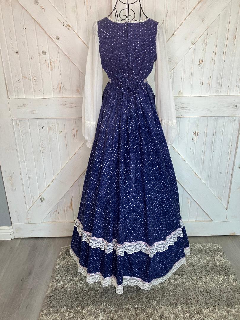 70's Vintage Gunne Sax Blue Pink Calico White Peasant Sleeve Prairie Maxi Dress 9 *FLAWS