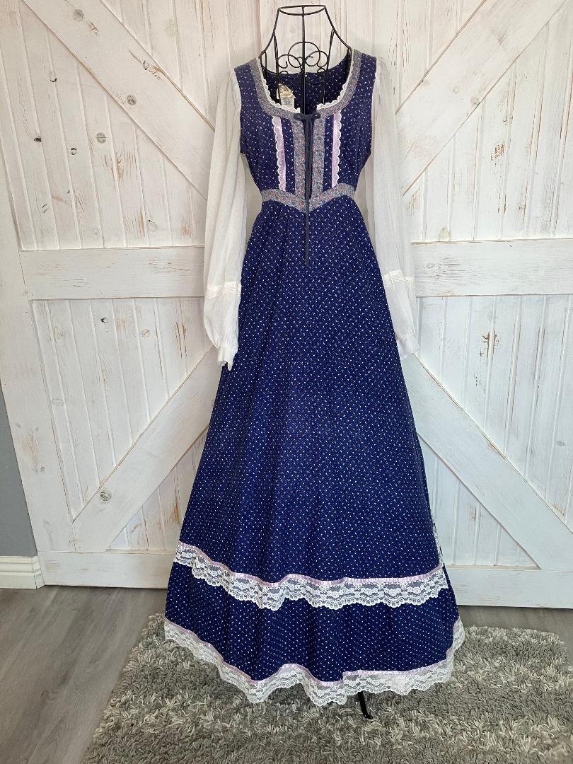 70's Vintage Gunne Sax Blue Pink Calico White Peasant Sleeve Prairie Maxi Dress 9 *FLAWS