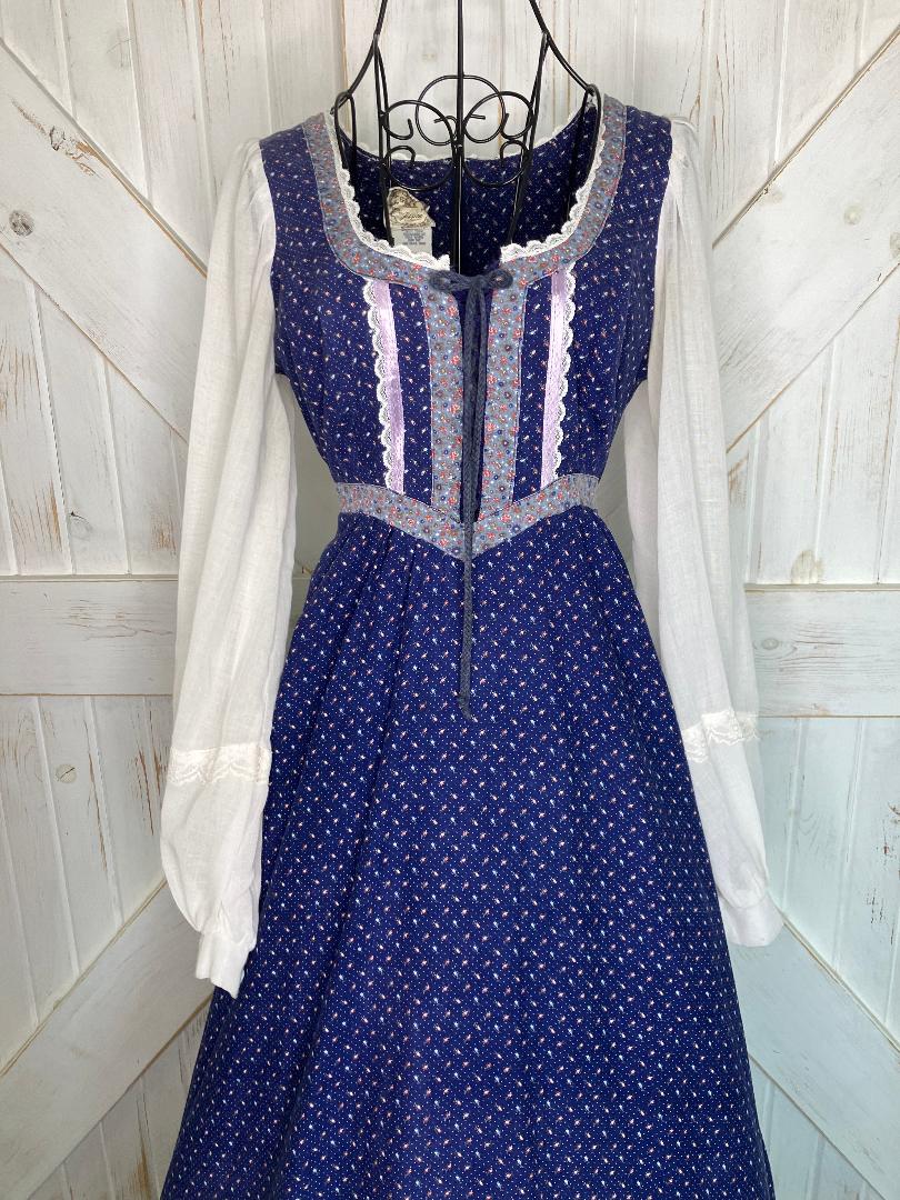 70's Vintage Gunne Sax Blue Pink Calico White Peasant Sleeve Prairie Maxi Dress 9 *FLAWS