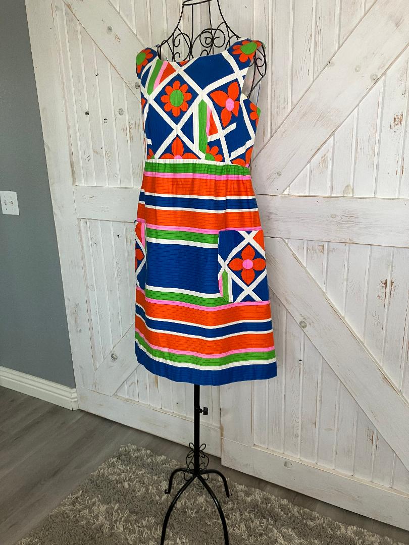 70's Vintage Malia Honolulu Blue Neon Green Orange Flower Power Hawaiian Stripe Sundress Mini Dress
