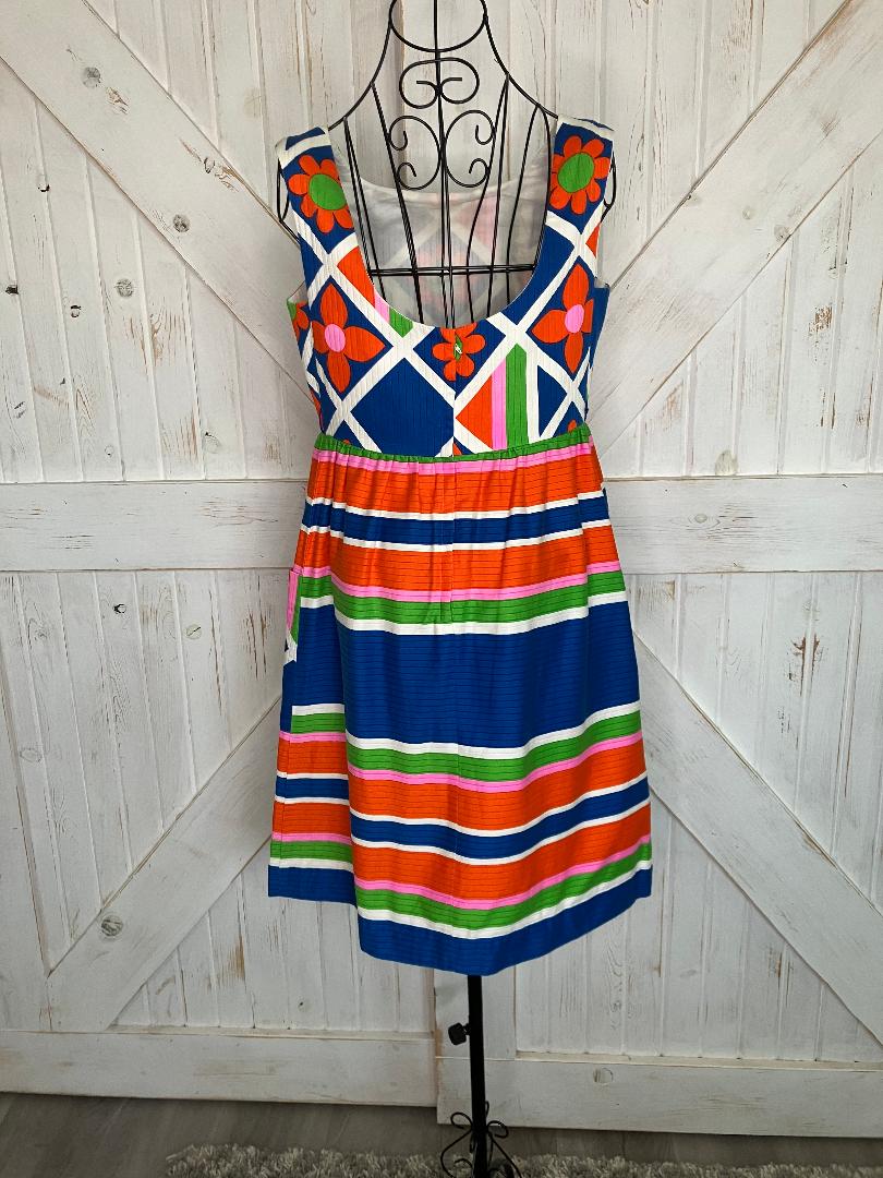 70's Vintage Malia Honolulu Blue Neon Green Orange Flower Power Hawaiian Stripe Sundress Mini Dress