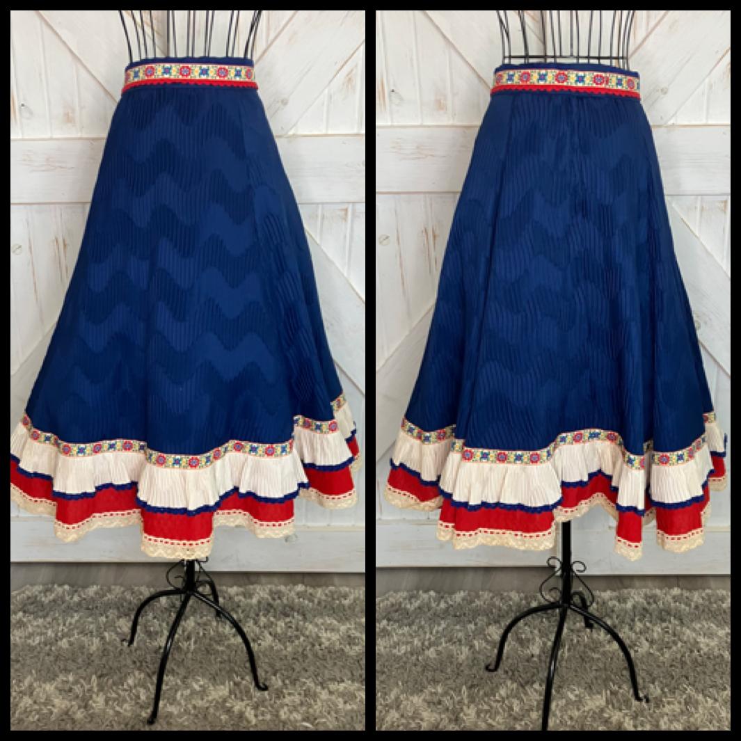60's Vintage Cleopatra Broumand Dirndl White Red Blue Peasant Blouse Midi Skirt Set