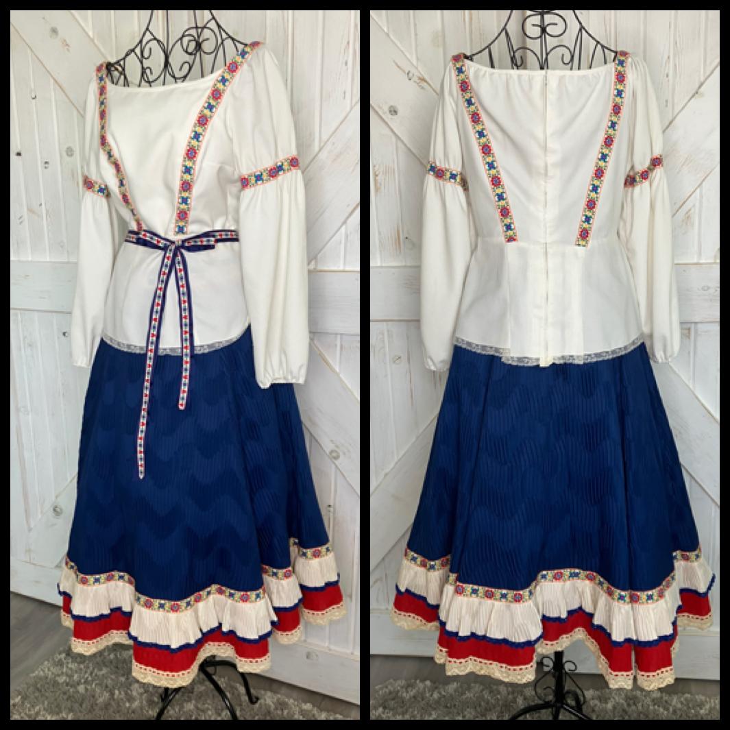 60's Vintage Cleopatra Broumand Dirndl White Red Blue Peasant Blouse Midi Skirt Set