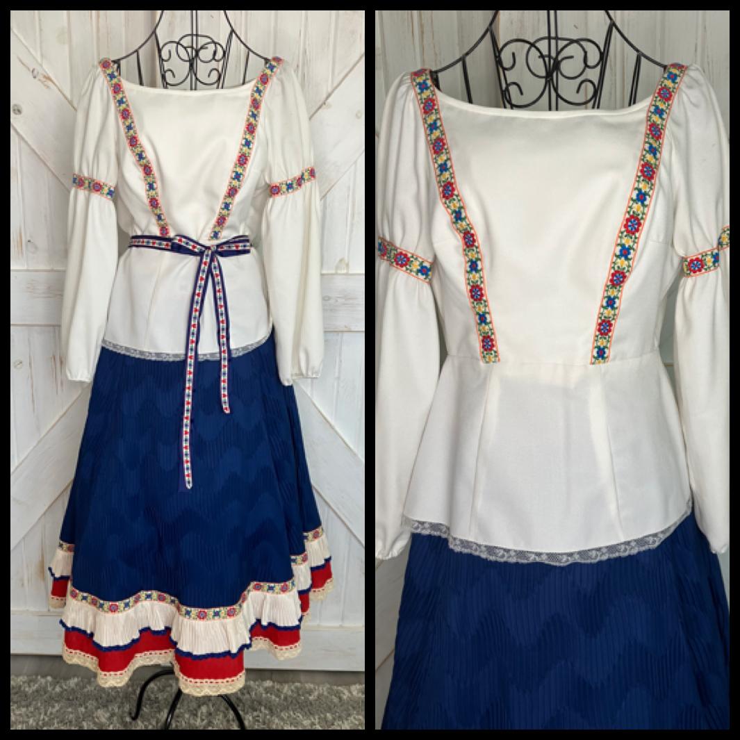 60's Vintage Cleopatra Broumand Dirndl White Red Blue Peasant Blouse Midi Skirt Set
