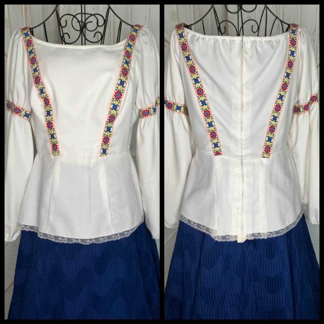 60's Vintage Cleopatra Broumand Dirndl White Red Blue Peasant Blouse Midi Skirt Set
