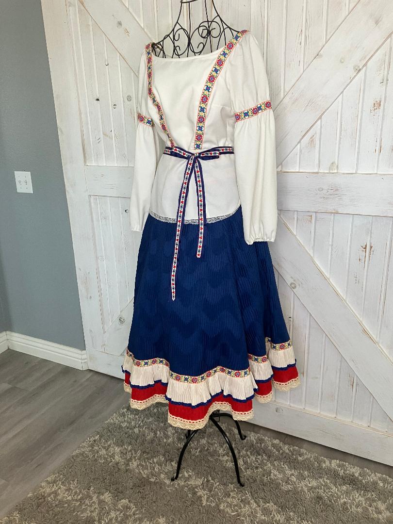 60's Vintage Cleopatra Broumand Dirndl White Red Blue Peasant Blouse Midi Skirt Set