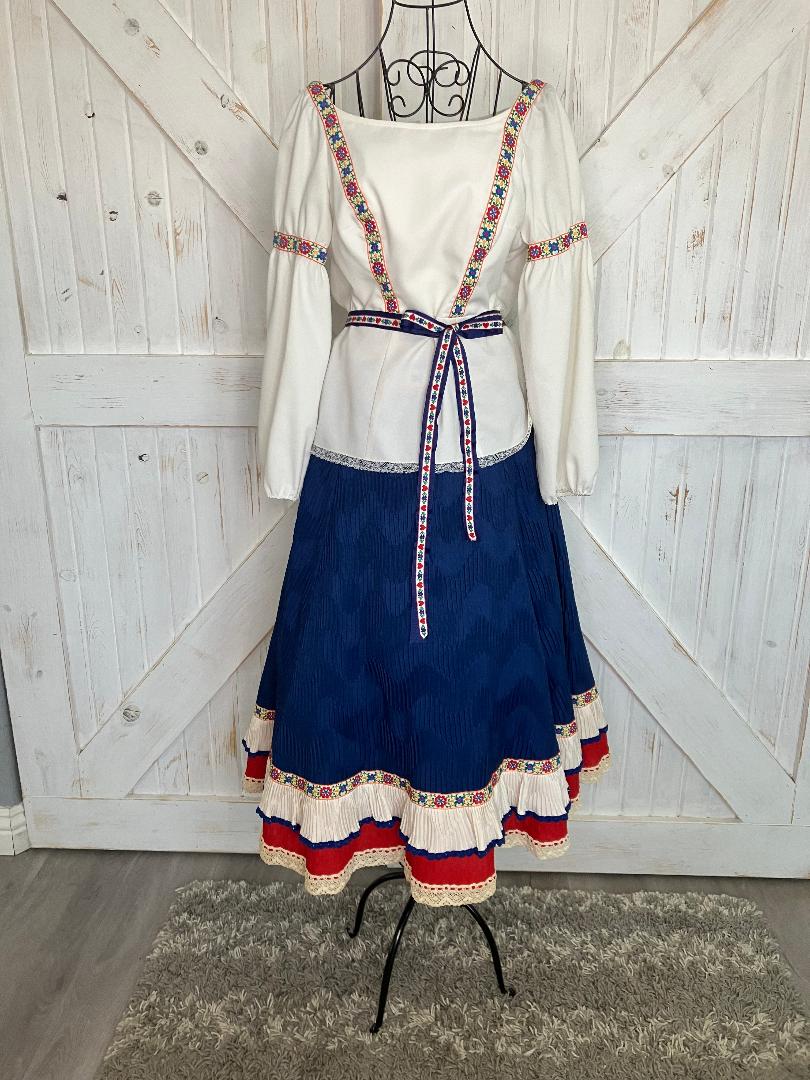 60's Vintage Cleopatra Broumand Dirndl White Red Blue Peasant Blouse Midi Skirt Set