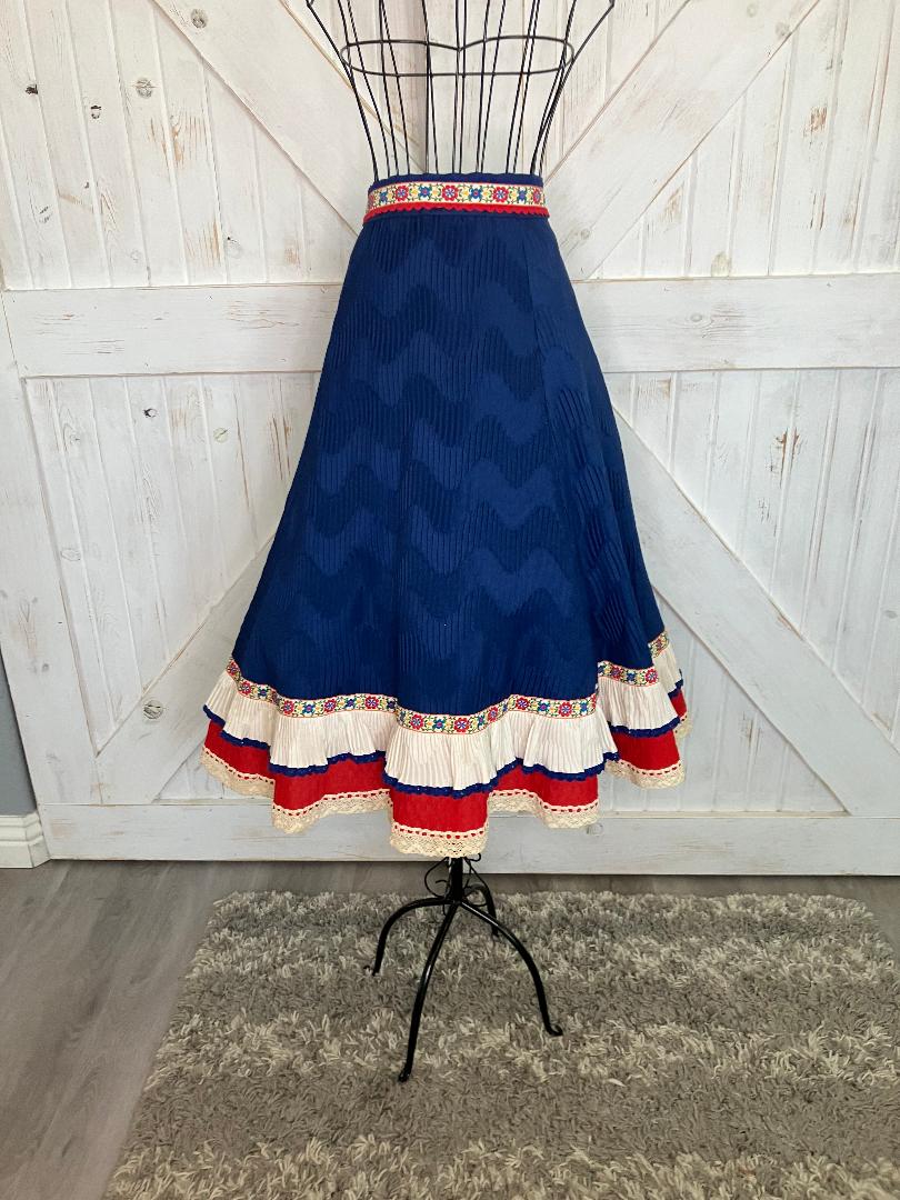 60's Vintage Cleopatra Broumand Dirndl White Red Blue Peasant Blouse Midi Skirt Set
