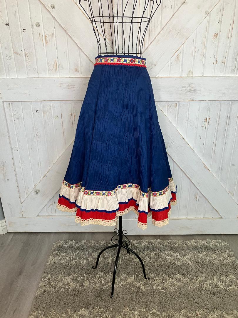 60's Vintage Cleopatra Broumand Dirndl White Red Blue Peasant Blouse Midi Skirt Set
